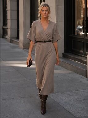 Zara Belted Piqué Midi Dress Light Brown Wrap V-Neck Size M NWT